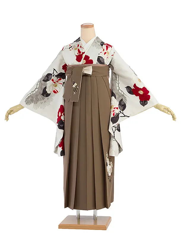 卒業式女性袴 1209 九重／白 椿松／茶色 牡丹梅菊刺繍袴