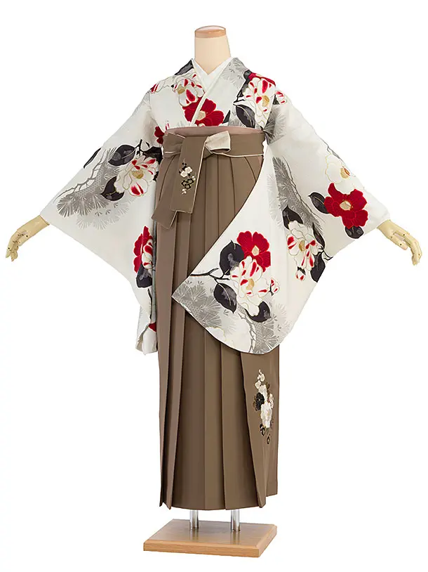 卒業式女性袴 1211 九重／白 椿松／茶色 牡丹梅菊刺繍袴