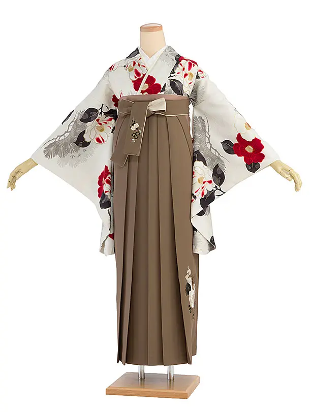 卒業式女性袴 1211 九重／白 椿松／茶色 牡丹梅菊刺繍袴