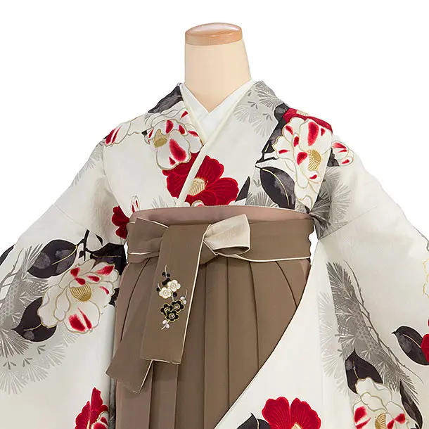 卒業式女性袴 1211 九重／白 椿松／茶色 牡丹梅菊刺繍袴