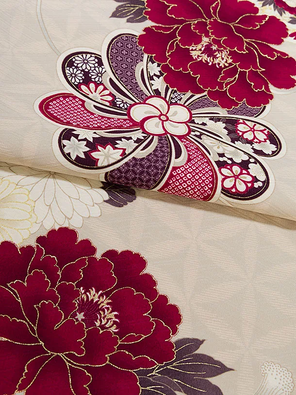 卒業式女性袴 1214 九重／ピンクベージュ 扇面に牡丹／茶色 牡丹梅菊刺繍袴