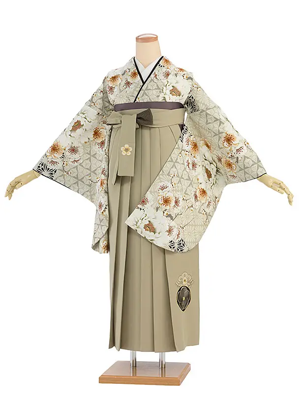 卒業袴1218 JAPAN STYLE／ベージュ牡丹八重桜／ベージュ梅丸紋刺繍袴