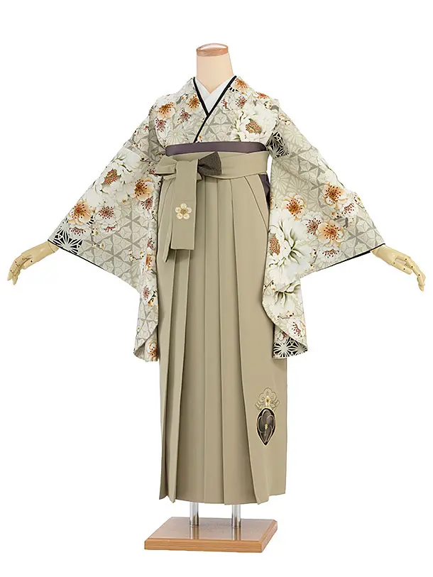 卒業袴1219 JAPAN STYLE／ベージュ牡丹八重桜／ベージュ梅丸紋刺繍袴