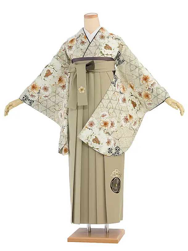 卒業袴1220 JAPAN STYLE／ベージュ牡丹八重桜／ベージュ梅丸紋刺繍袴