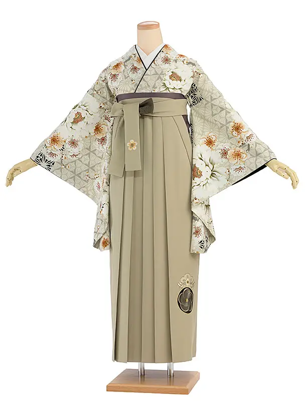 卒業袴1220 JAPAN STYLE／ベージュ牡丹八重桜／ベージュ梅丸紋刺繍袴