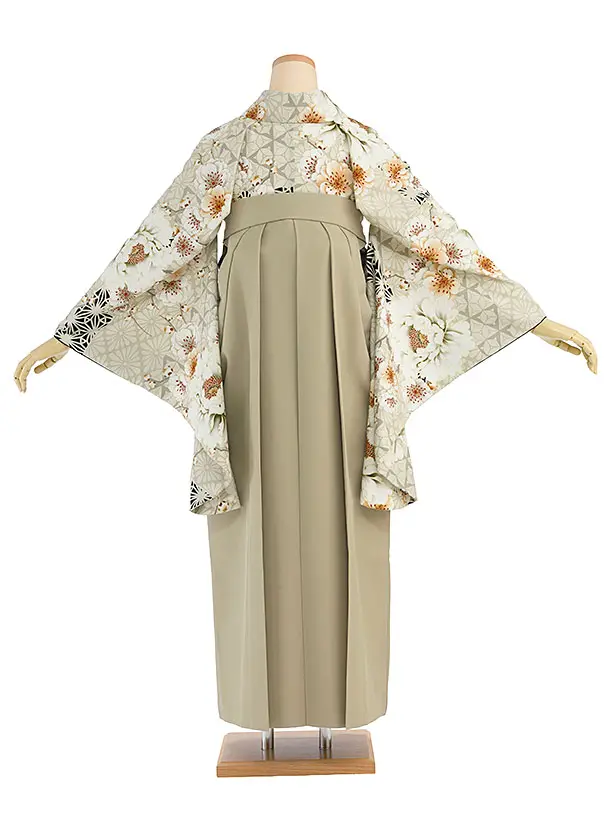 卒業袴1220 JAPAN STYLE／ベージュ牡丹八重桜／ベージュ梅丸紋刺繍袴