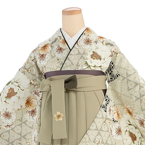 卒業袴1220 JAPAN STYLE／ベージュ牡丹八重桜／ベージュ梅丸紋刺繍袴