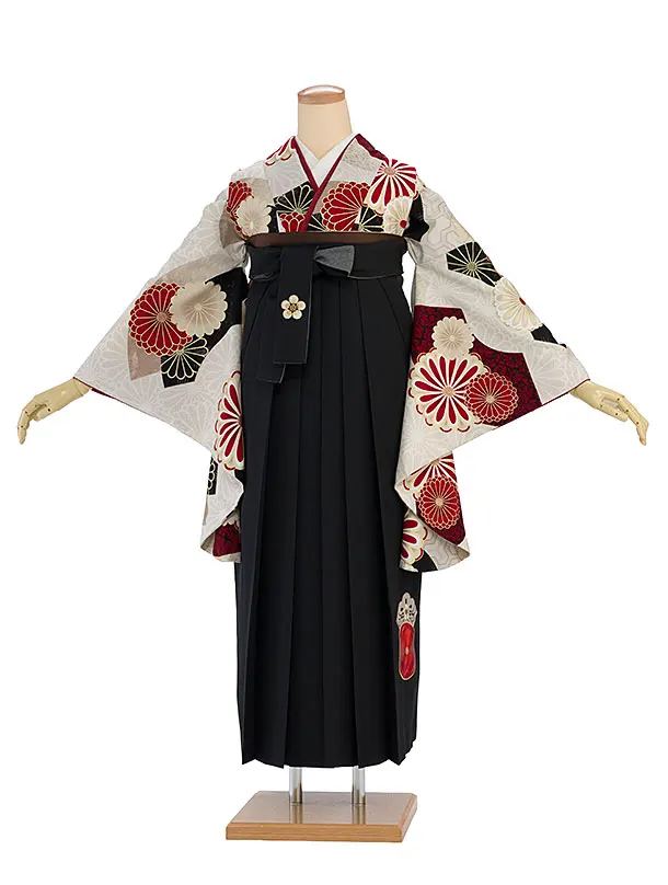 卒業式女性袴1221 JAPAN STYLE／ベージュ 梅丸紋／黒 梅丸紋刺繍袴
