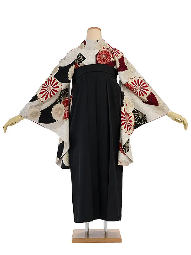 卒業式女性袴1221 JAPAN STYLE／ベージュ 梅丸紋／黒 梅丸紋刺繍袴