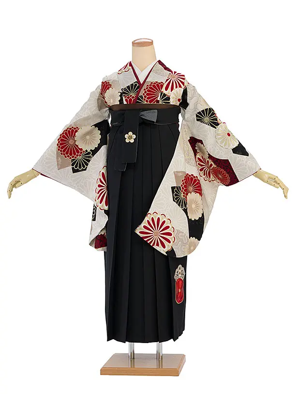 卒業式女性袴1222 JAPAN STYLE／ベージュ 梅丸紋／黒 梅丸紋刺繍袴