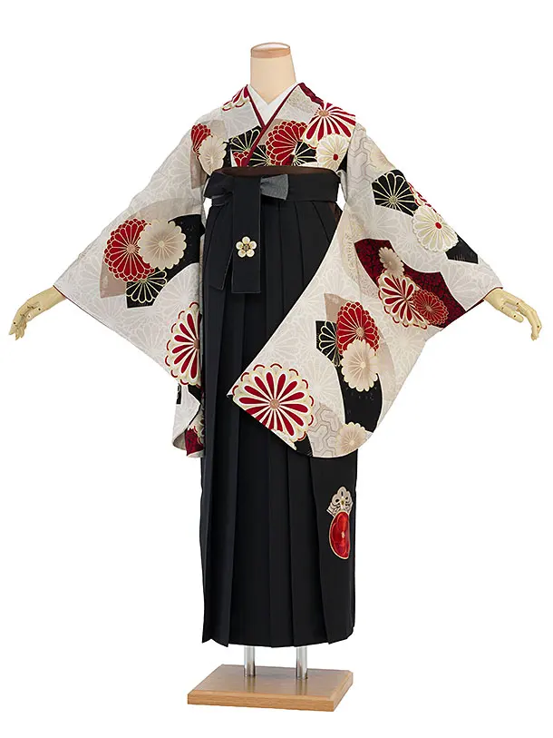卒業式女性袴1223 JAPAN STYLE／ベージュ 梅丸紋／黒 梅丸紋刺繍袴
