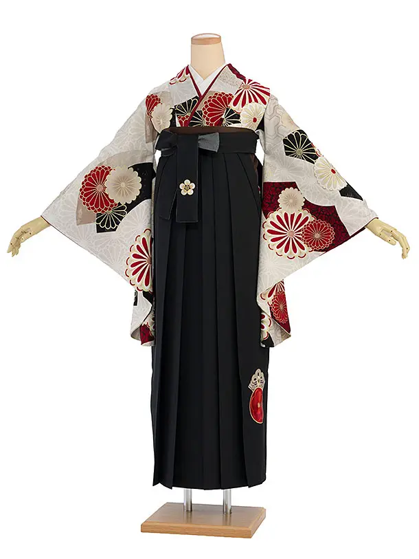 卒業式女性袴1223 JAPAN STYLE／ベージュ 梅丸紋／黒 梅丸紋刺繍袴