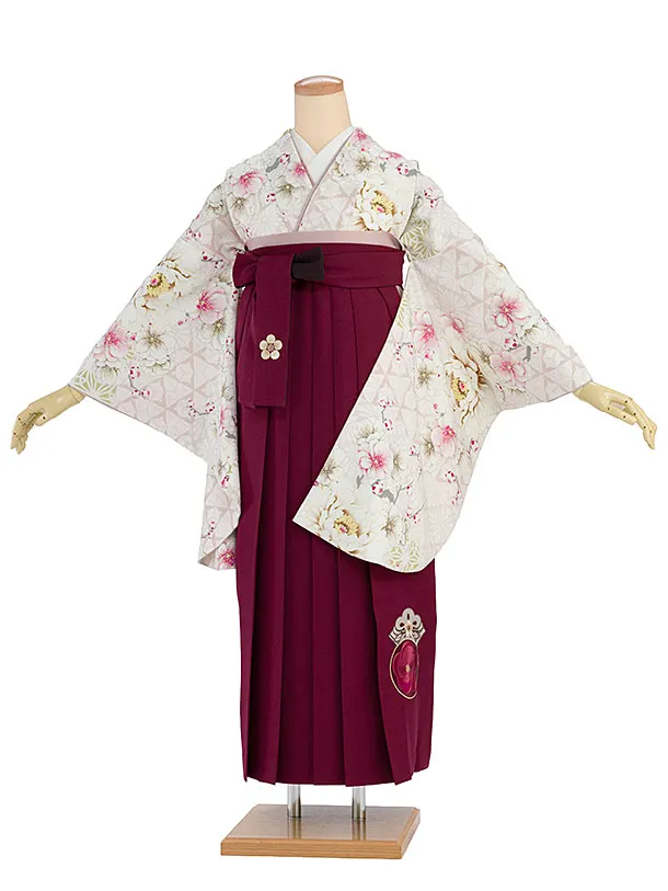 卒業袴1228 JAPAN STYLE／くすみピンク牡丹八重桜／エンジ梅丸紋刺繍