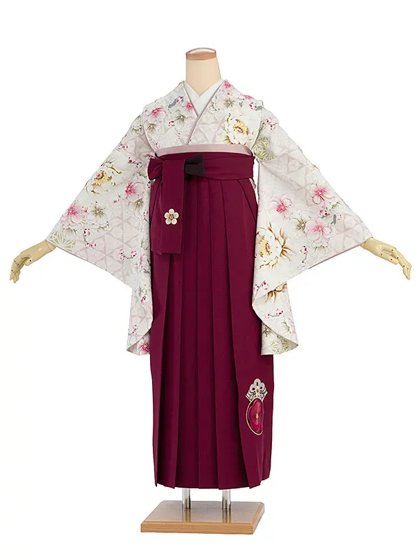 卒業袴1228 JAPAN STYLE／くすみピンク牡丹八重桜／エンジ梅丸紋刺繍