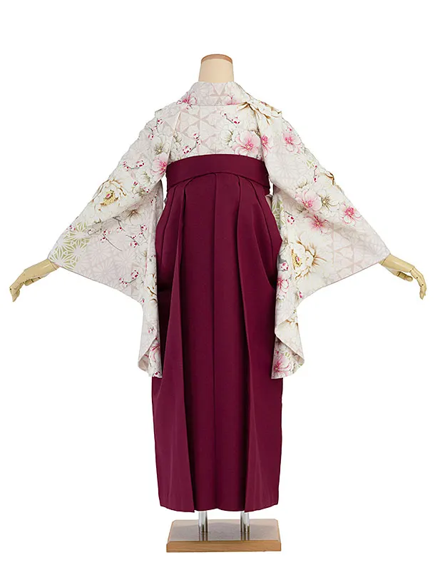卒業袴1228 JAPAN STYLE／くすみピンク牡丹八重桜／エンジ梅丸紋刺繍