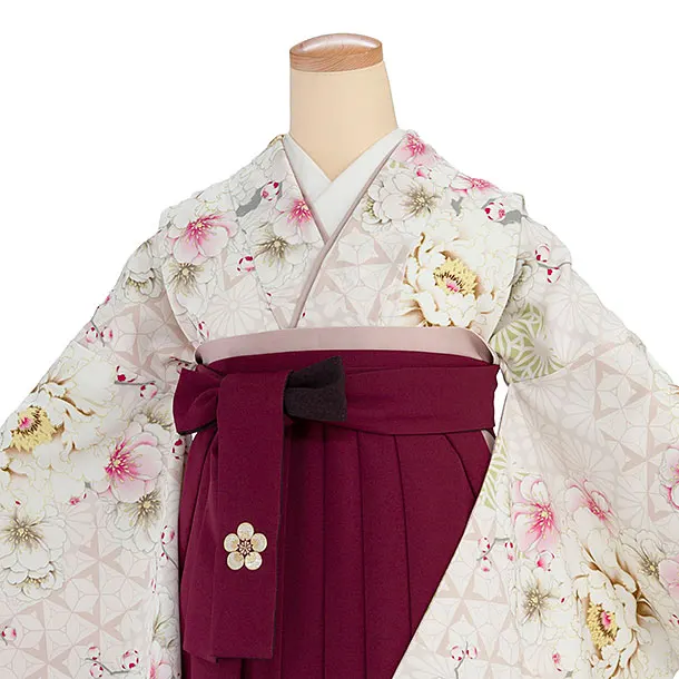 卒業袴1228 JAPAN STYLE／くすみピンク牡丹八重桜／エンジ梅丸紋刺繍