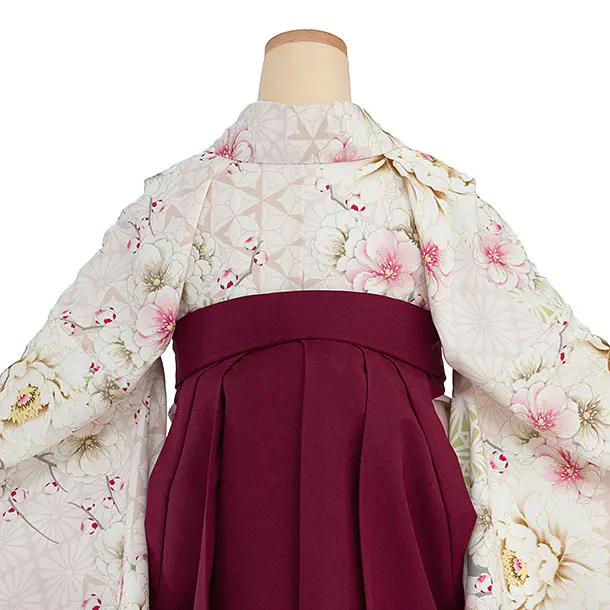 卒業袴1228 JAPAN STYLE／くすみピンク牡丹八重桜／エンジ梅丸紋刺繍