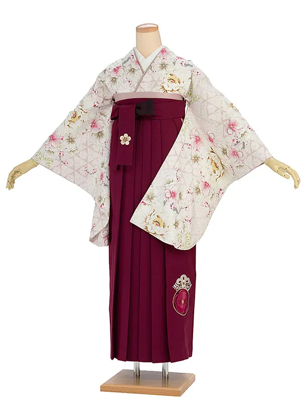 卒業袴1229 JAPAN STYLE／くすみピンク牡丹八重桜／エンジ梅丸紋刺繍