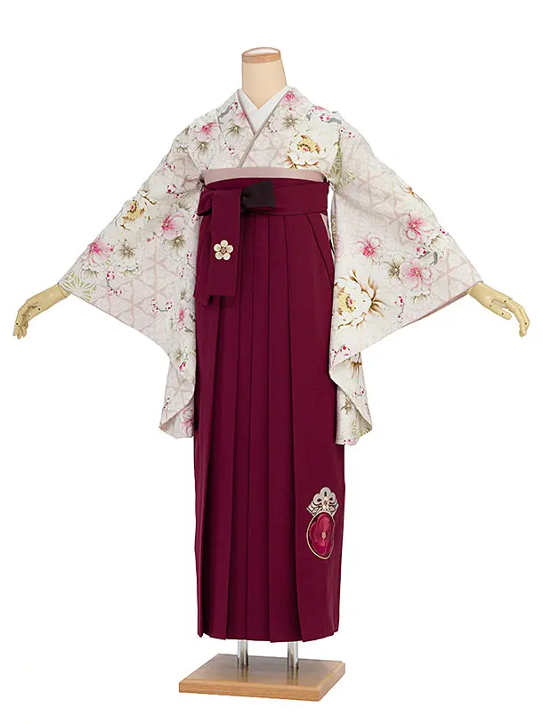 卒業袴1229 JAPAN STYLE／くすみピンク牡丹八重桜／エンジ梅丸紋刺繍