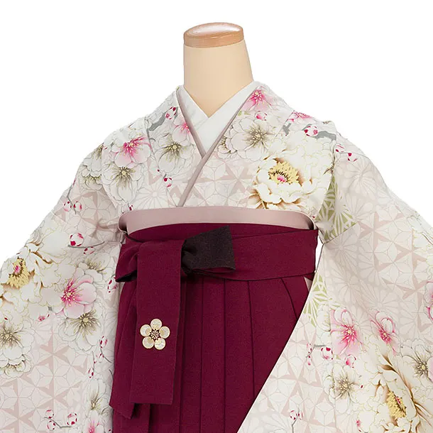 卒業袴1229 JAPAN STYLE／くすみピンク牡丹八重桜／エンジ梅丸紋刺繍