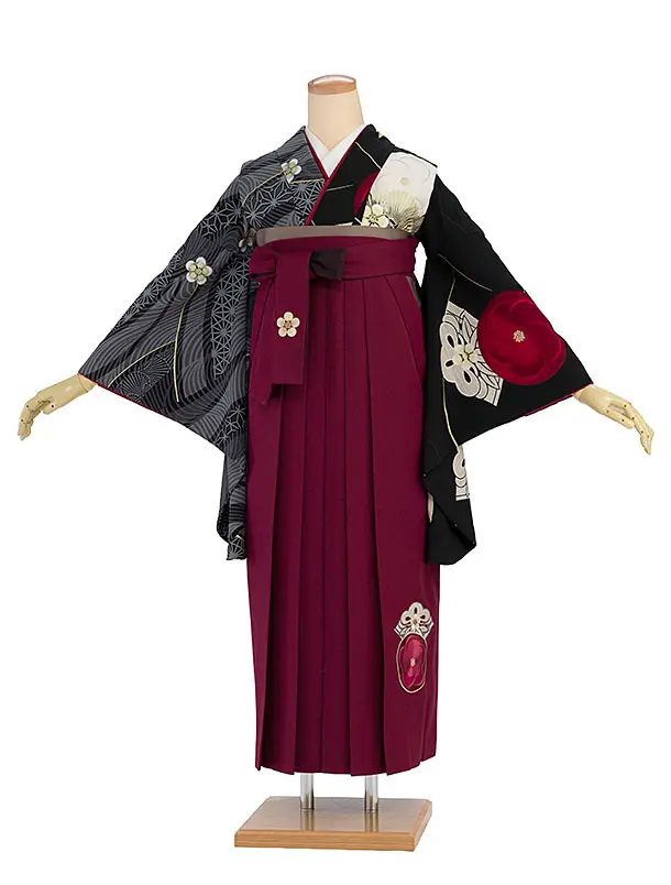 卒業袴1230 JAPAN STYLE／黒片身替わり 梅丸紋／エンジ梅丸紋刺繍袴