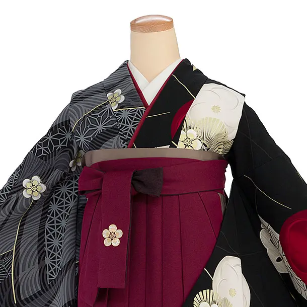 卒業袴1230 JAPAN STYLE／黒片身替わり 梅丸紋／エンジ梅丸紋刺繍袴