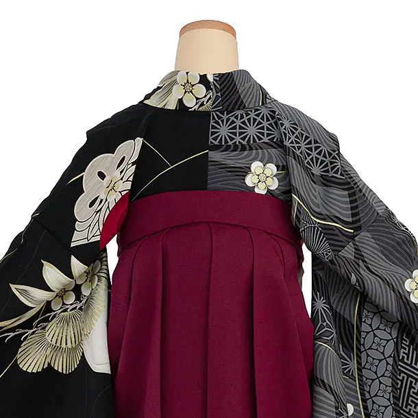 卒業袴1230 JAPAN STYLE／黒片身替わり 梅丸紋／エンジ梅丸紋刺繍袴