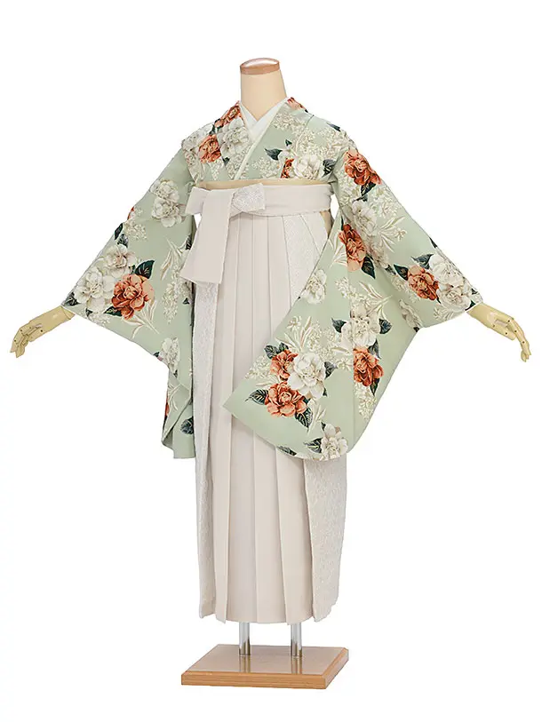 卒業袴1252 Heather／淡くすみグリーン 椿／オフホワイト レース切替袴