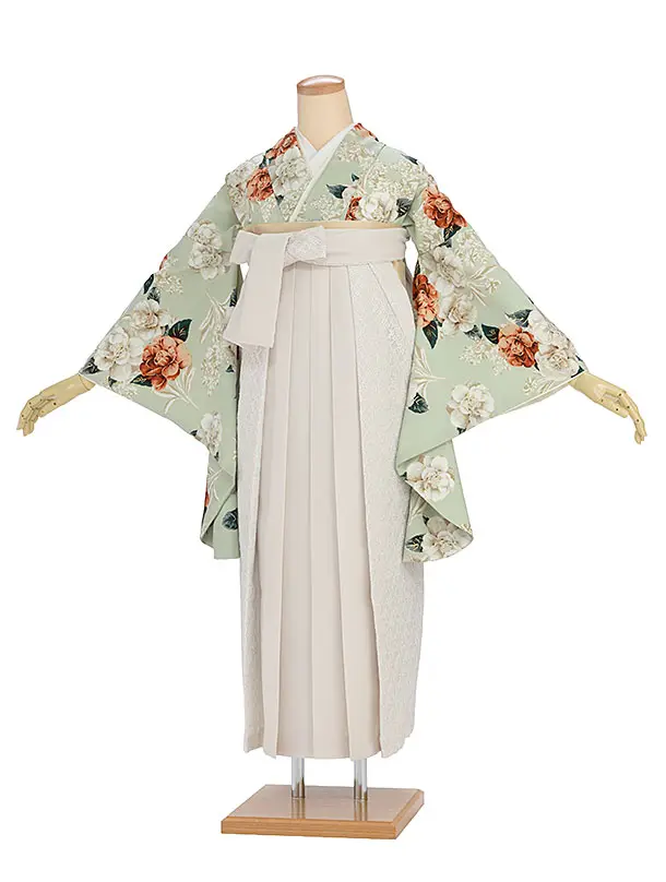 卒業袴1252 Heather／淡くすみグリーン 椿／オフホワイト レース切替袴
