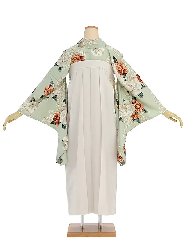 卒業袴1252 Heather／淡くすみグリーン 椿／オフホワイト レース切替袴