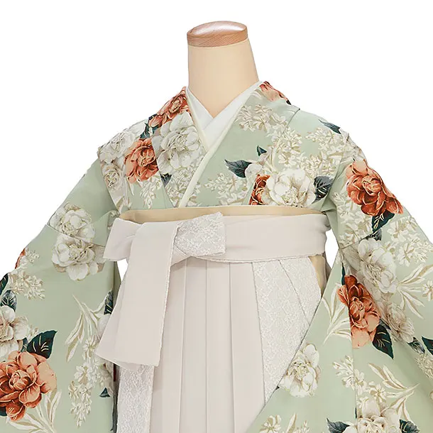 卒業袴1252 Heather／淡くすみグリーン 椿／オフホワイト レース切替袴