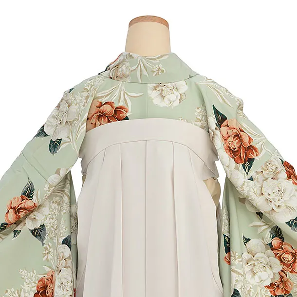 卒業袴1252 Heather／淡くすみグリーン 椿／オフホワイト レース切替袴
