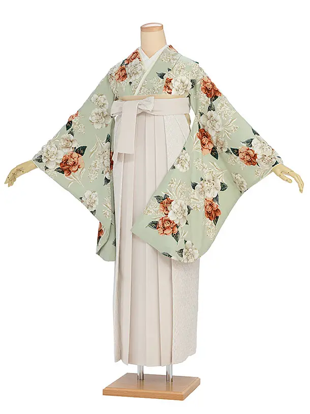 卒業袴1253 Heather／淡くすみグリーン 椿／オフホワイト レース切替袴