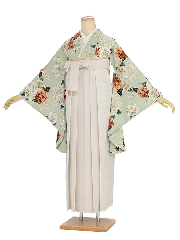 卒業袴1253 Heather／淡くすみグリーン 椿／オフホワイト レース切替袴