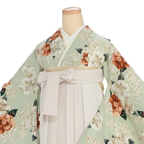 卒業袴1253 Heather／淡くすみグリーン 椿／オフホワイト レース切替袴