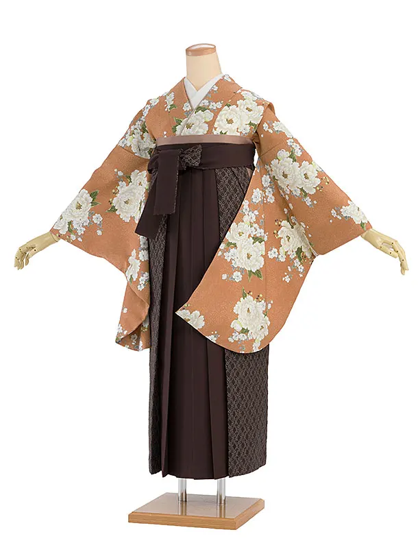 卒業女性袴 1260 Heather／アプリコット 牡丹／ブラウン レース切替袴