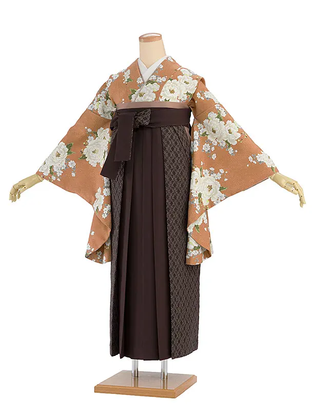 卒業女性袴 1260 Heather／アプリコット 牡丹／ブラウン レース切替袴