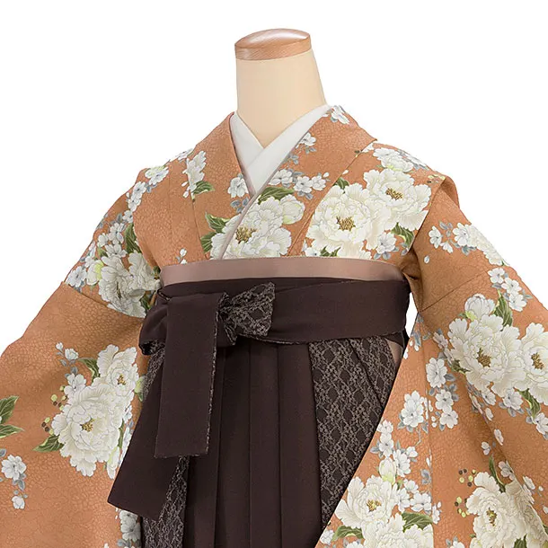 卒業女性袴 1261 Heather／アプリコット 牡丹／ブラウン レース切替袴