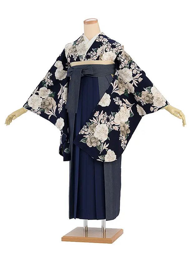 卒業式女性袴 1263 Heather／紺 椿／紺 デニム切替袴