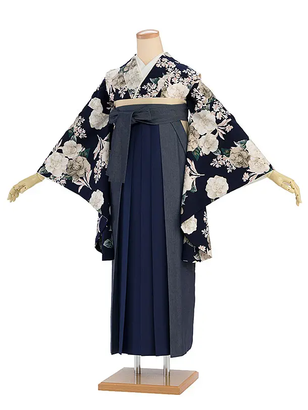 卒業式女性袴 1263 Heather／紺 椿／紺 デニム切替袴