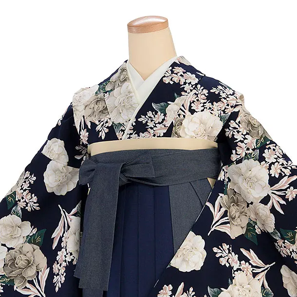 卒業式女性袴 1263 Heather／紺 椿／紺 デニム切替袴