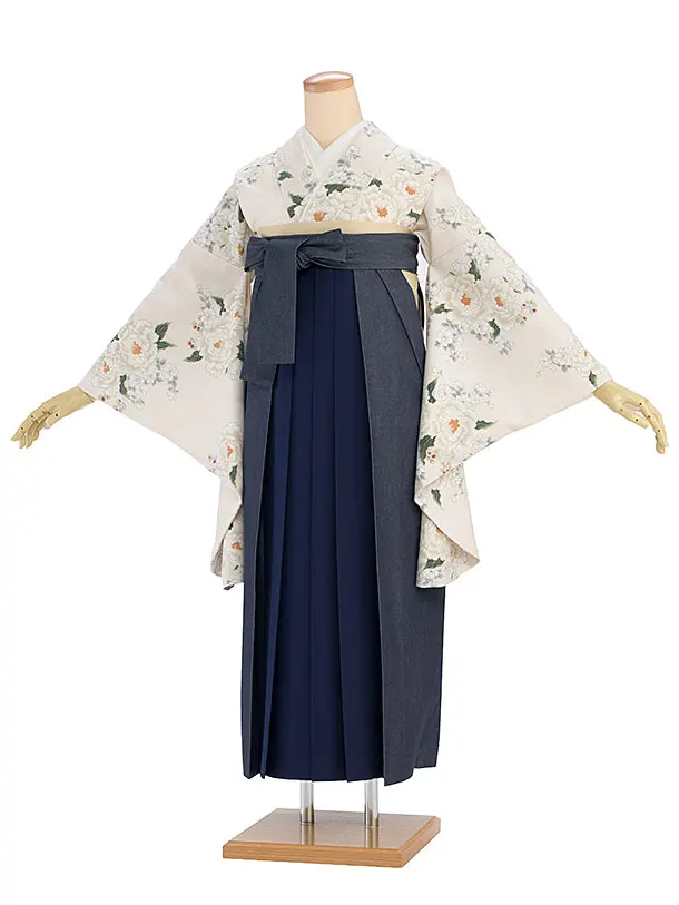 卒業式女性袴 1266 Heather／オフホワイト 牡丹／紺 デニム切替袴