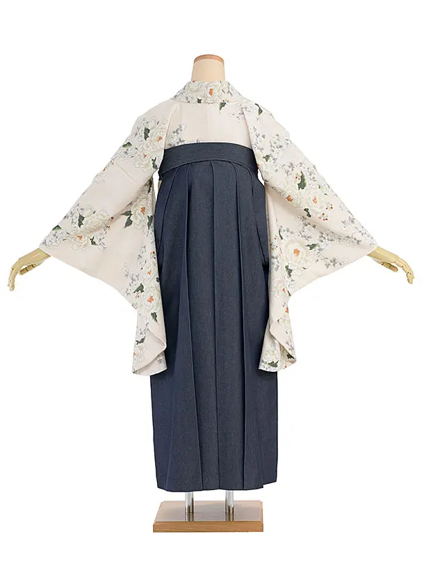 卒業式女性袴 1266 Heather／オフホワイト 牡丹／紺 デニム切替袴