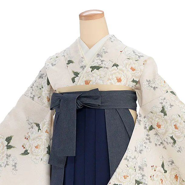 卒業式女性袴 1266 Heather／オフホワイト 牡丹／紺 デニム切替袴