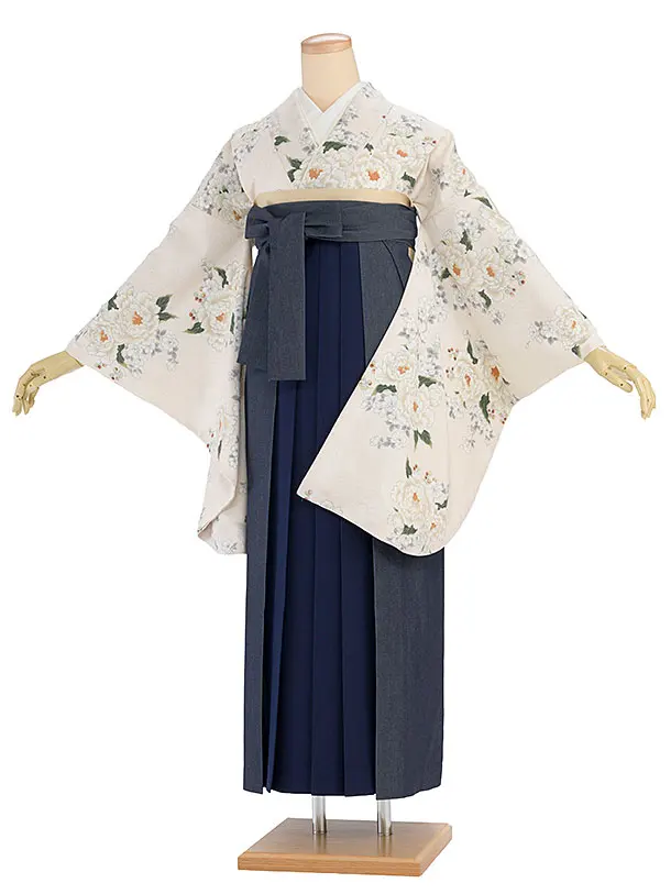 卒業式女性袴 1268 Heather／オフホワイト 牡丹／紺 デニム切替袴