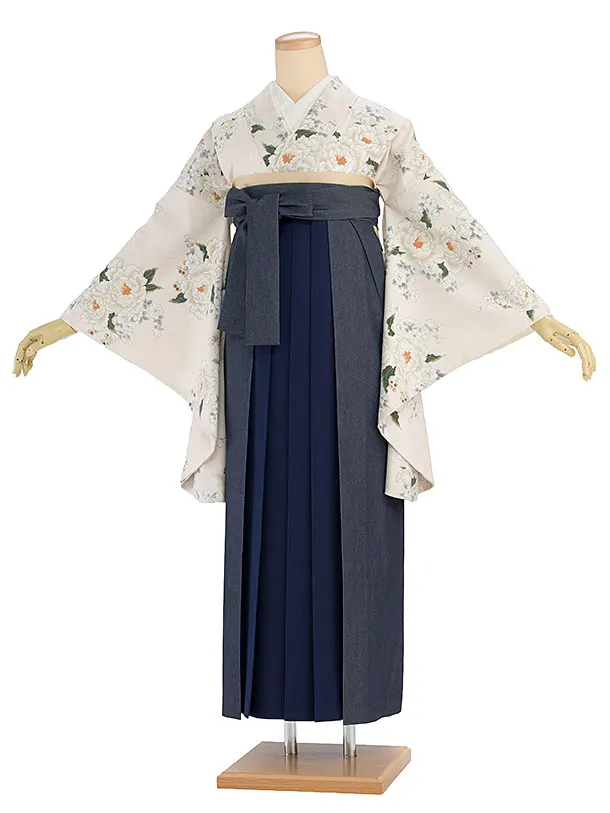 卒業式女性袴 1268 Heather／オフホワイト 牡丹／紺 デニム切替袴