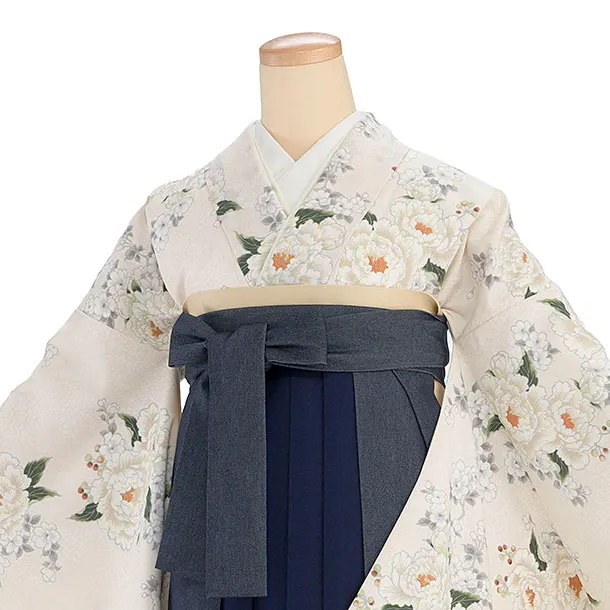 卒業式女性袴 1268 Heather／オフホワイト 牡丹／紺 デニム切替袴