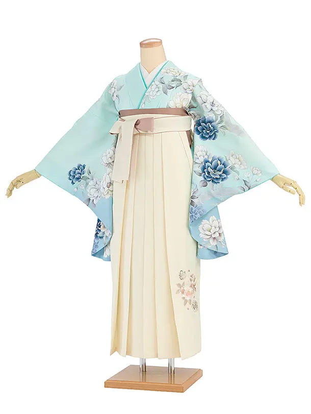 卒業式女性袴 1270 水色 牡丹／クリーム袴