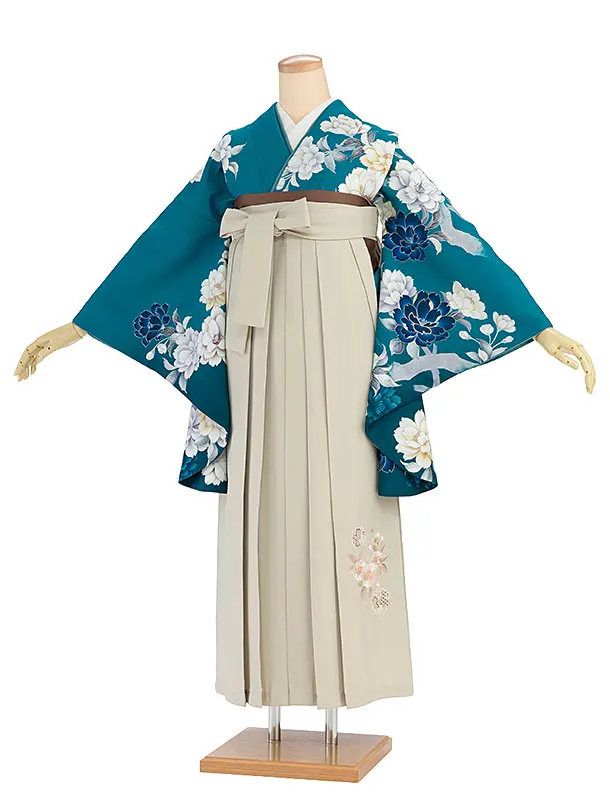 卒業式女性袴 1273 青緑 牡丹／ベージュ袴