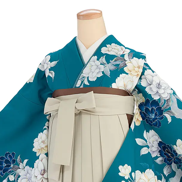 卒業式女性袴 1273 青緑 牡丹／ベージュ袴